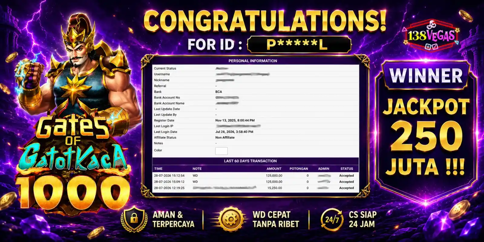JEPE 250 juta di 138vegas